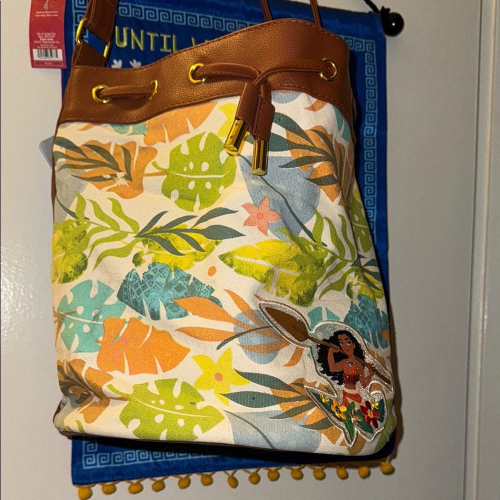 Tropical Print Bucket Bag with Brown Accents